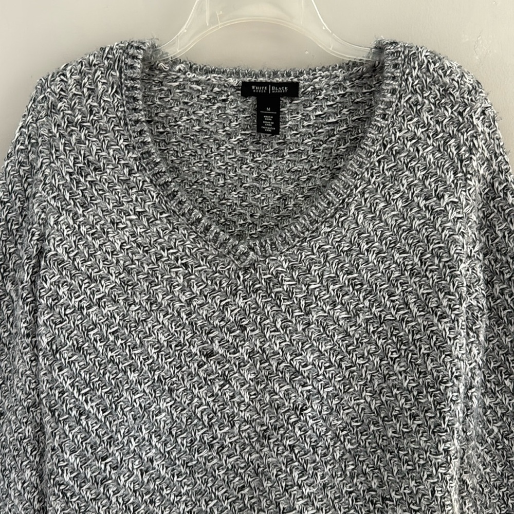 White House Black Market Gray, Black, White, Silver Woven V-Neck Sweater-Size M